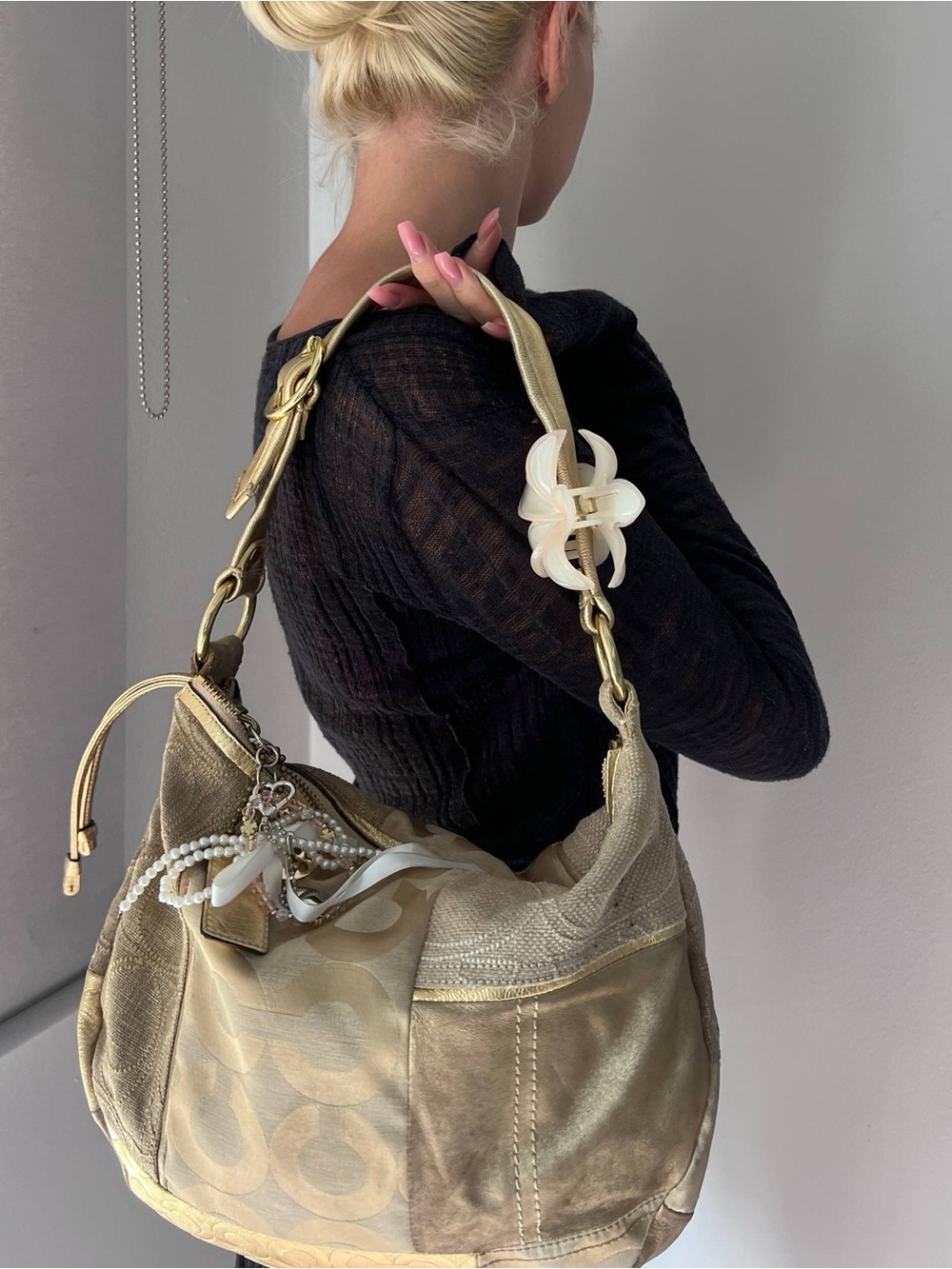 Coach Gold Shoulder Patchwork Bag with Pearl Charm Accent